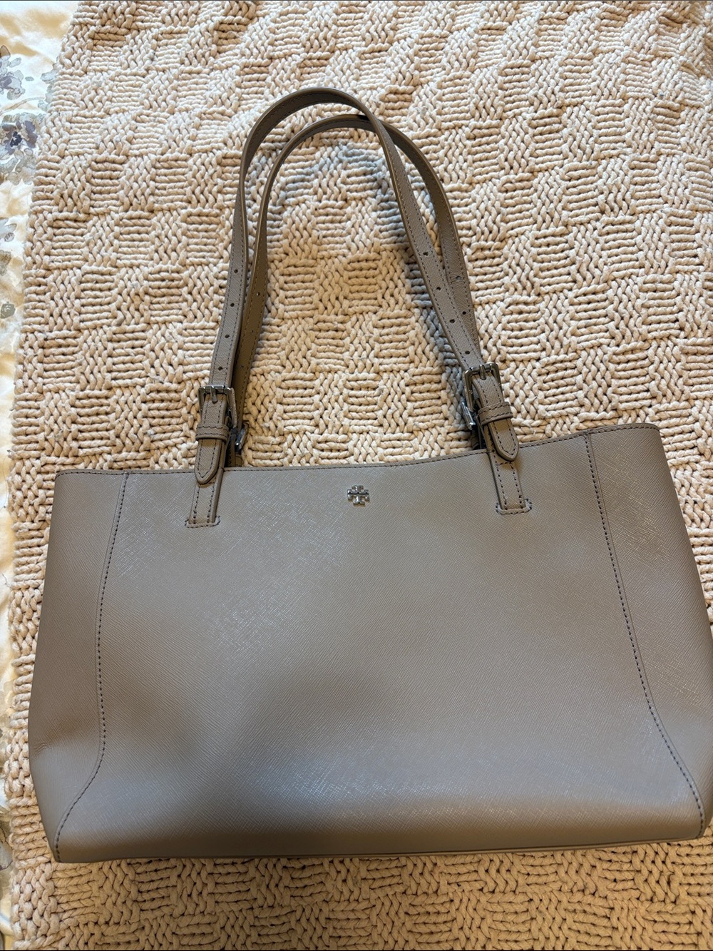Tory Burch french gray Saffiano Leather Shoulder Tote